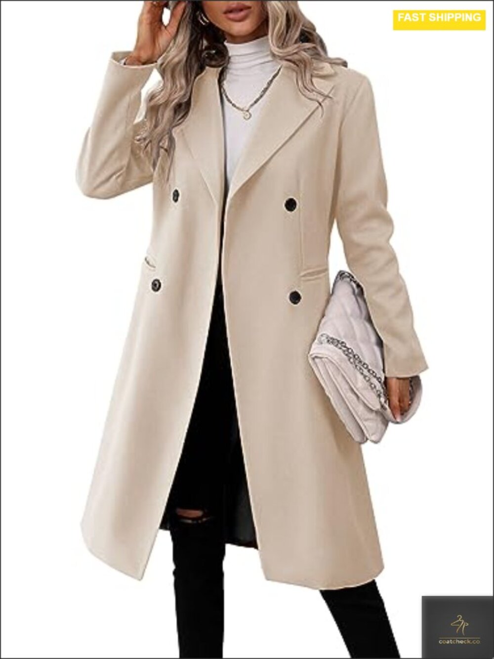 Women's Double Breasted Pea Coat Long Wool Blend Slim Fit Lapel Winter Trench